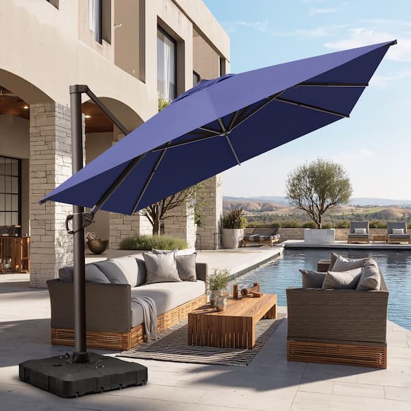 Pellebant 12.5 ft. x 10 ft. Aluminum 360° Rotation Cantilever Offset Tilt Patio Umbrella in Navy, Base Stand with Wheels Included