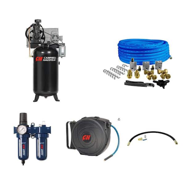 80 Gal. Electric Air Compressor, Piping, Filter, Hose Reel and Kit