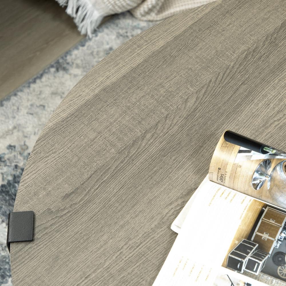 Round Light Gray Wood and Metal Coffee Table