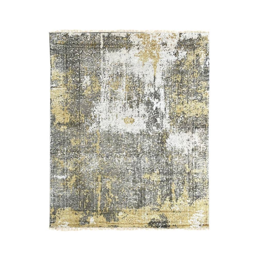 Ivory and Gold Hand-Knotted Wool Transitional Area Rug, 7' x 9'