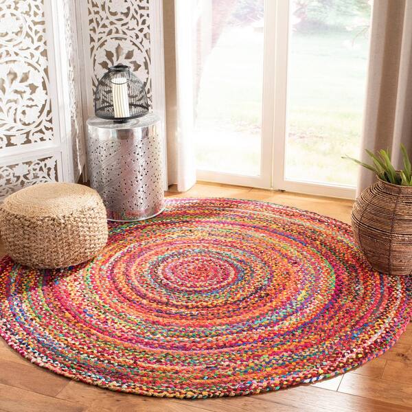 Round Farmhouse Braided Rugs Reversible Eco Friendly Pink Rag Hand made Vintage 