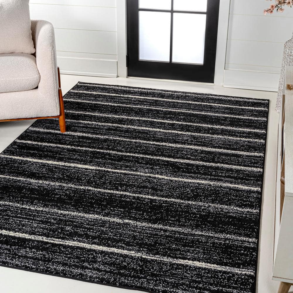 Williamsburg Minimalist Stripe Black and Cream Synthetic Rectangular Area Rug
