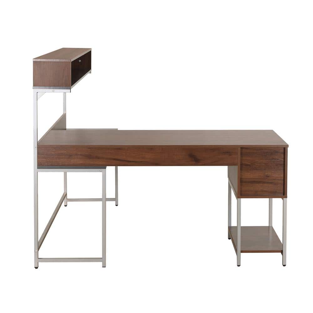 Walnut Wood L-Shaped Gaming Computer Desk with Hutch and Drawer