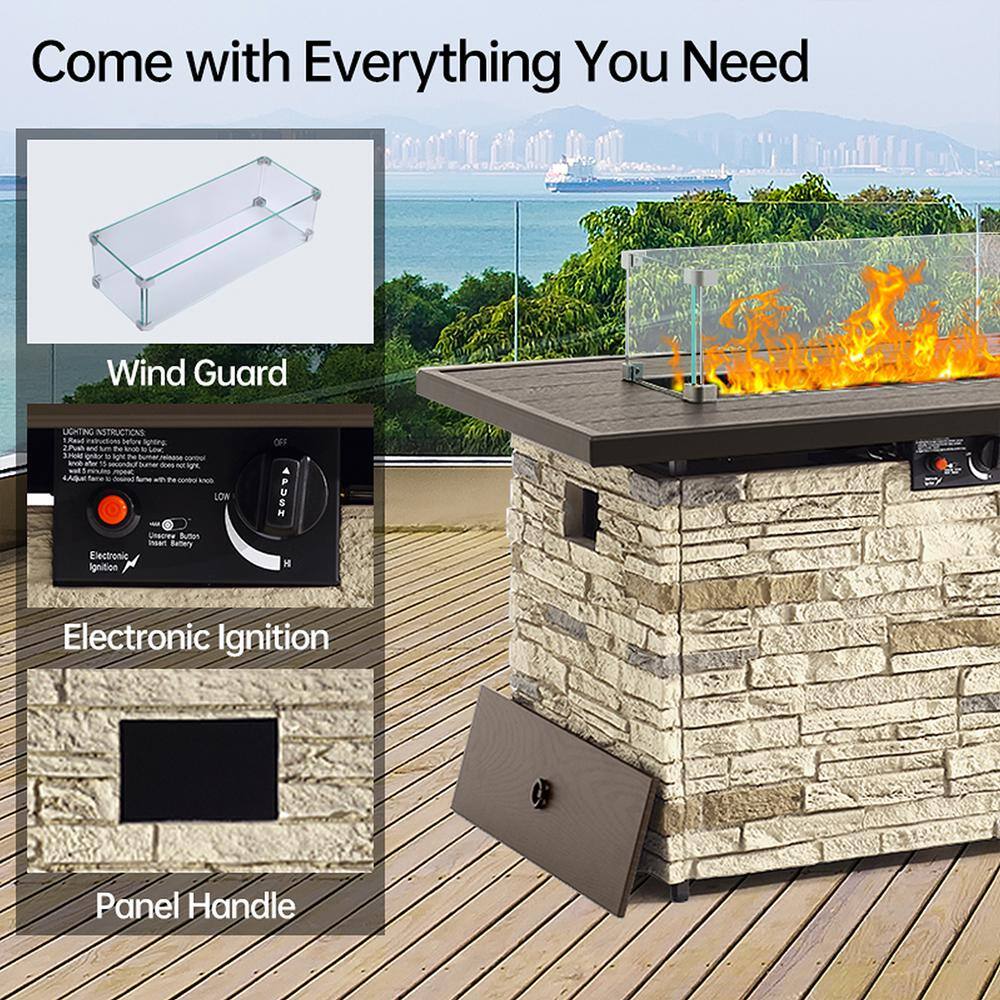 43" Buff Faux Stone Gas Fire Pit Table with Glass Wind Guard