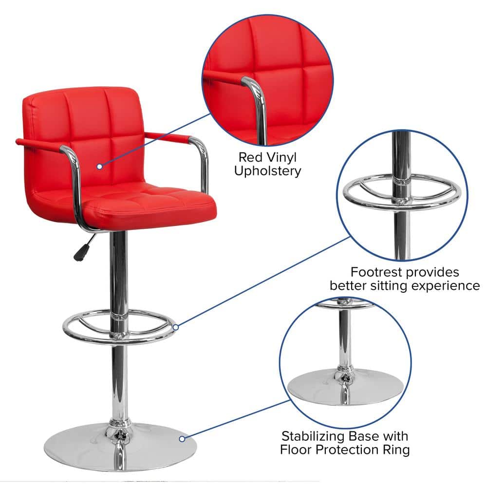 Red Adjustable Height Swivel Leather Bar Stool with Metal Base
