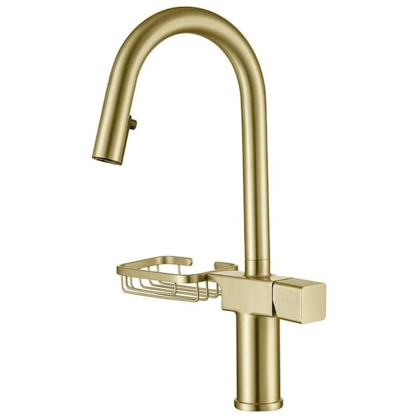 Single Handle Pull Down Sprayer Kitchen Faucet with Advanced Spray and Shelf Single Hole Kitchen Taps in Brushed Gold