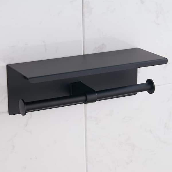 ATKING Bath Wall-Mount Double Post Toilet Paper Holder Shelf Non-Slip Tissue Roll Holder in Black
