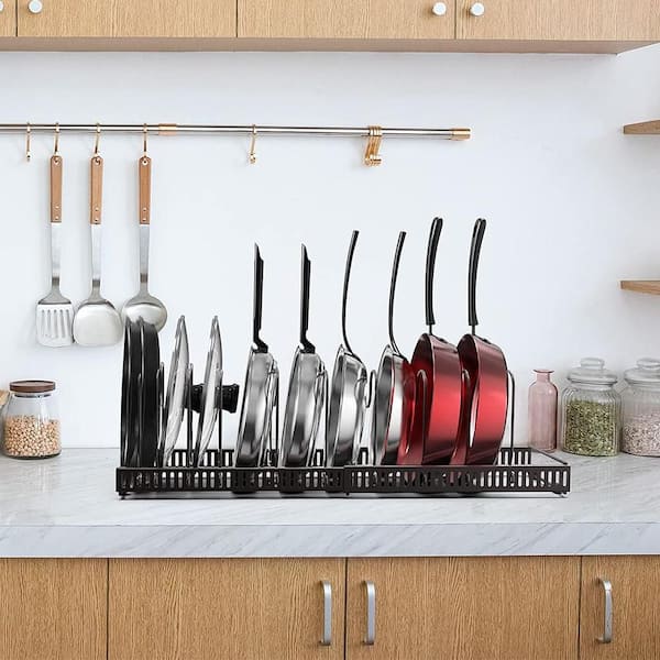 Heavy-Duty Cookware Organizer Rack with Adjustable Pan and Lid Holder for Cabinet, Countertop and Kitchen Storage, Black