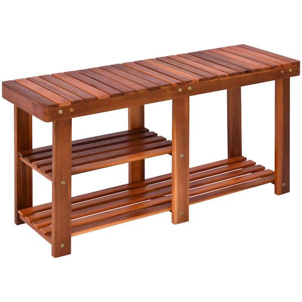 Huluwat Brown Acacia Wood Bench, 3-Tier Entryway Shoe Rack Bench, Weight Bearing up to 200 lbs