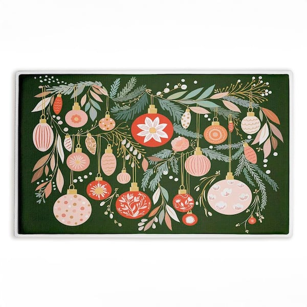 Holiday Florals & Ornament Shapes 18 in. x 30 in. Green Floral Polyester Blend Rectangle Bath Mat