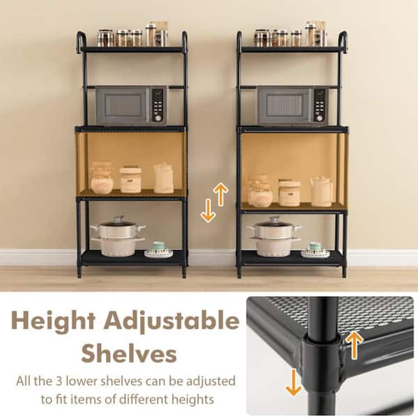 4-Tier Black Kitchen Microwave Storage Rack with Metal Shelves
