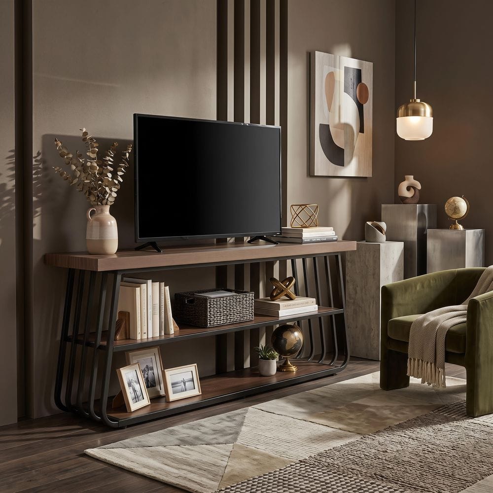 Tabor 63 in. Brown Black Wood TV Stand Fits TVs up to 75 in. Living Room Console Table 3 Open Shelves Long Modern price history on PriceWatchPro
