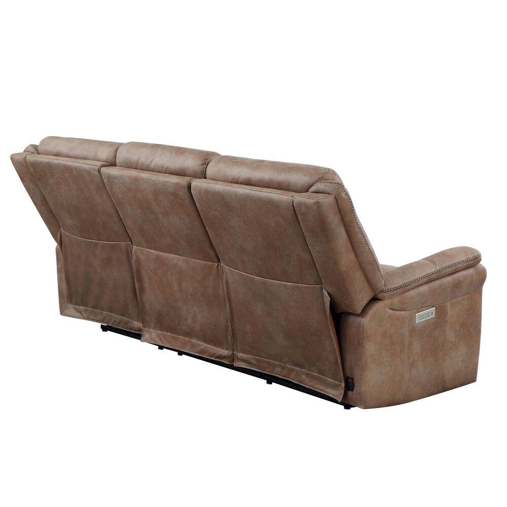 Camel Faux-Suede Power Reclining Sofa with Nailhead Trim
