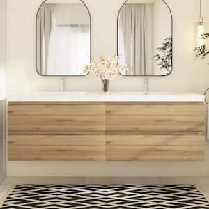 71 in. W x 19.5 in. D x 22.5 in. H Double Sink Wall-Mounted Bath Vanity in Natural Oak with White Resin Top