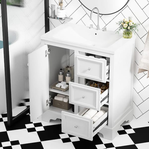 29.96 in. Single Sink Freestanding White Bath Vanity with White Ceramic Top and 3-Drawers Storage Cabinet Unassembled