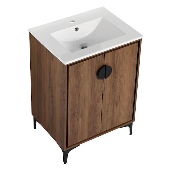Unbranded 24 in. W Freestanding Bath Vanity in Brown with 1-White Ceramic Basin Sink and Top, 2-Doors Storage Cabinet