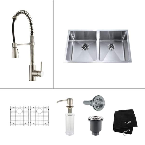 KRAUS All-in-One Undermount Stainless Steel 33 in. Double Bowl Kitchen Sink with Faucet and Accessories in Stainless Steel