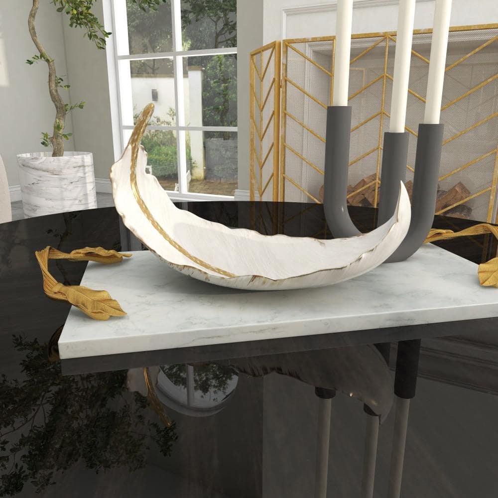 Elegant Oval White and Gold Polystone Feather Decorative Bowl