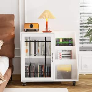 Record Player Stand White 31.5 in. H Storage Cabinet with LED Lights and Charging Station