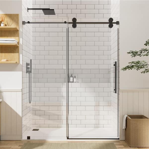 NANAWO 76 in. W x 80 in. H Single Sliding Frameless Shower Door in Matte Black with 3/8 in. Clear Glass