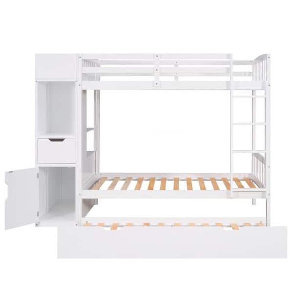 URTR White Solid Wood Twin Size Bunk Bed Frame with Attached Multifunctional Locker and Trundle, 3 Beds in 1, for Kids Teens