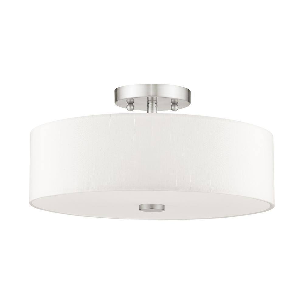 Brushed Nickel 3-Light Semi-Flush Mount with Off-White Shade