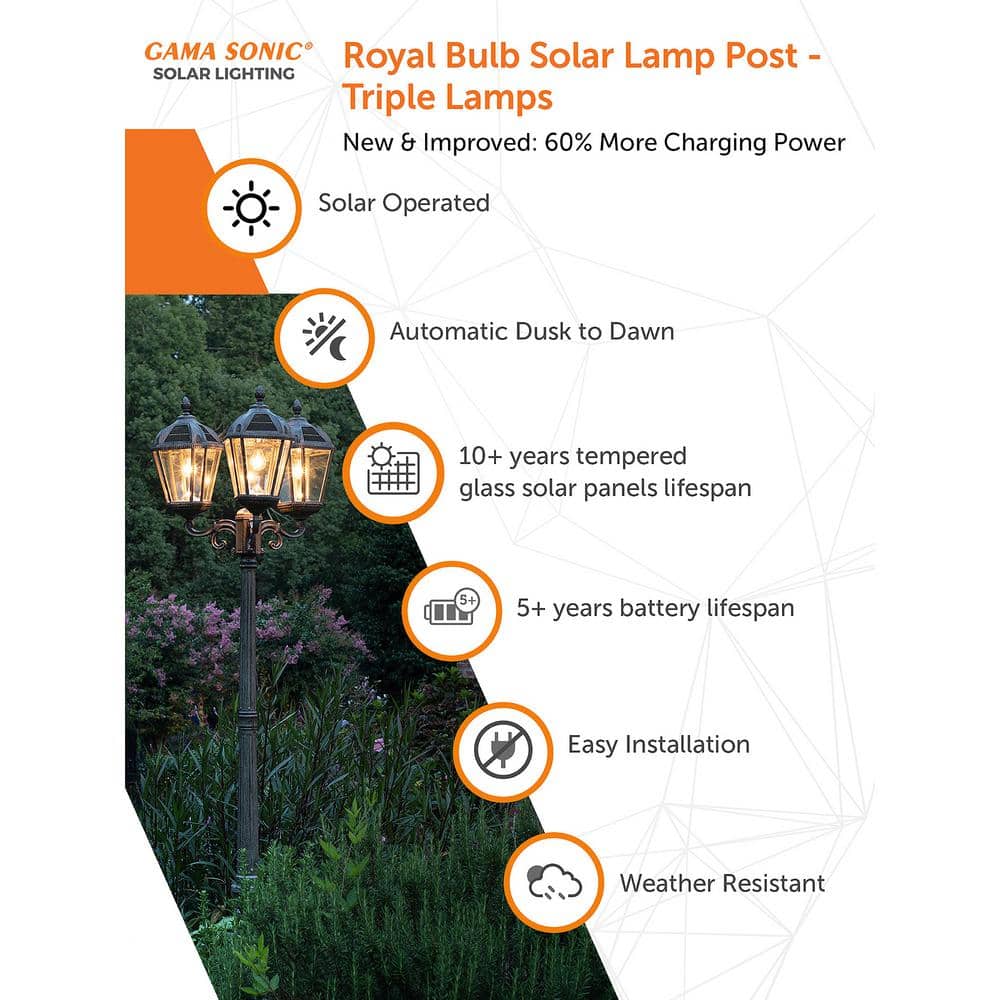 Weathered Bronze Triple Head Solar Lamp Post with LED Lights