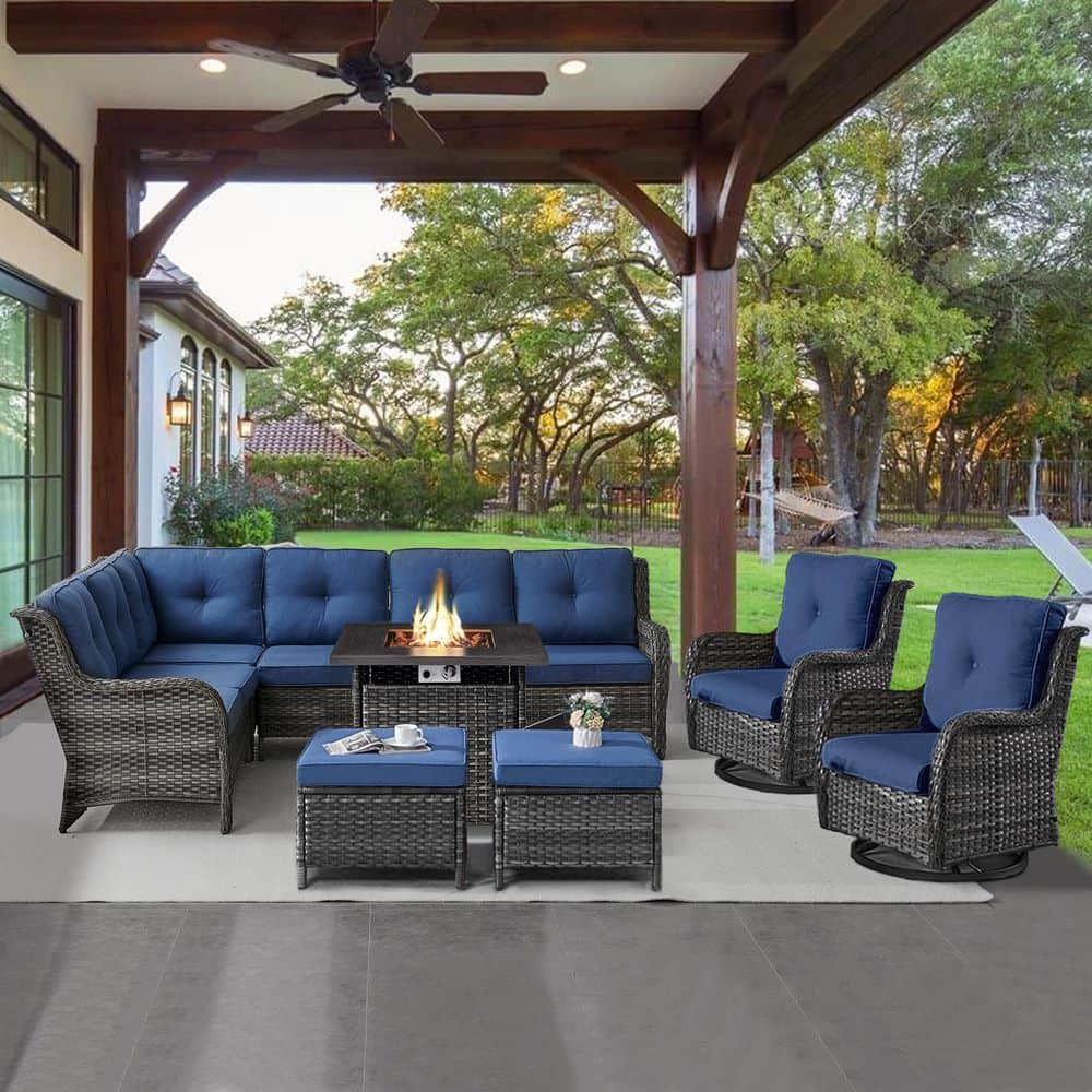 Gray 6-Piece Wicker Patio Fire Pit Set, Outdoor Sectional Seating Set with Olefin Navy Blue Cushions and Swivel Rockers price history on PriceWatchPro