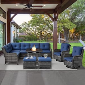 Gray 6-Piece Wicker Patio Fire Pit Set, Outdoor Sectional Seating Set with Olefin Navy Blue Cushions and Swivel Rockers