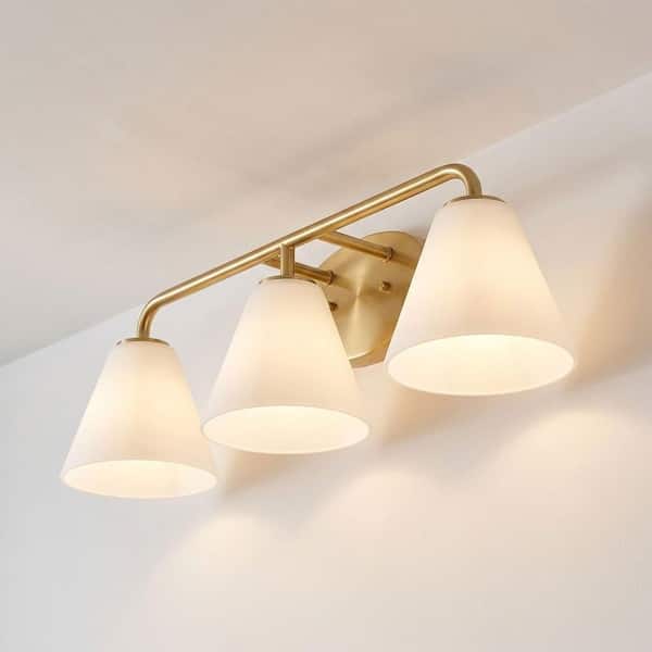 Blair 25.5 in. W x 8 in. H 3-Light Warm Brass Transitional Bathroom Vanity Light with White Strie Glass Shades