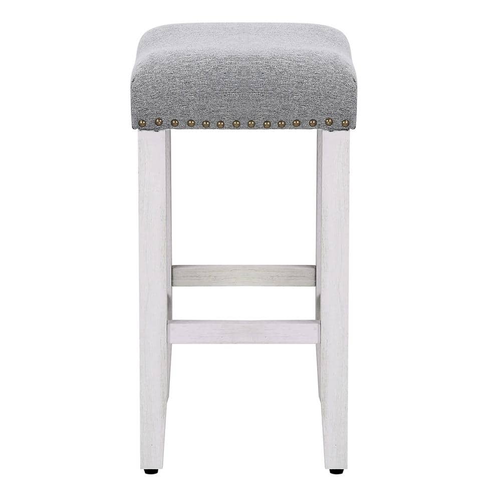 Antique White & Gray 24" Upholstered Saddle Bar Stool with Nailhead Trim
