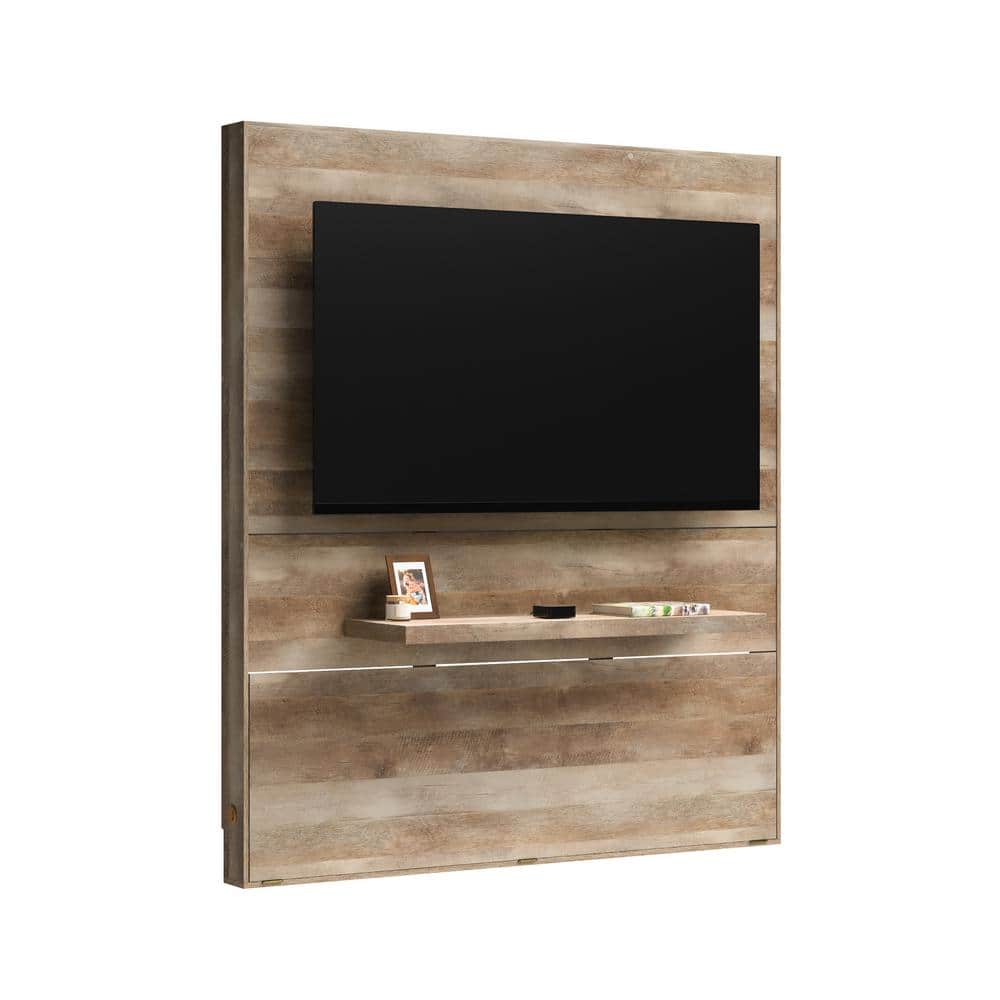 Lintel Oak 84" Entertainment Wall with Floating Shelf and LED Lights