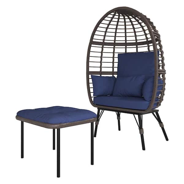 Unbranded Wicker Patio Swing Egg Chair Outdoor with Ottoman-with Footstool and Anti-Splash Blue Cushions, with Stand