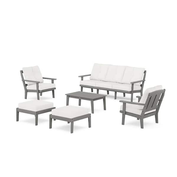 POLYWOOD Mission 6-Pcs Plastic Lounge Sofa Set in Slate Grey/Natural Linen Cushions