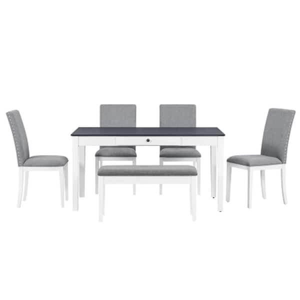 Unbranded White 6-Piece Wood Storage Table with Drawer Upholstered Chairs and Storage Bench Outdoor Dining Set with Gray Cushion