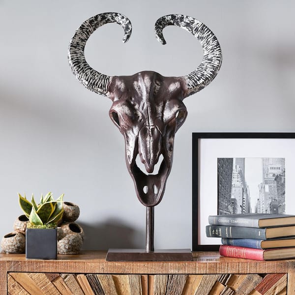 Unbranded Bronze 16 in. x 25 in. Indoor Metal Handcrafted Bull Skull Table Decor with Stand