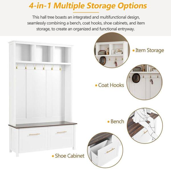 〆1/31 WHITE_WOOD_BENCH #1 76.6 in. 4-in-1 White Wood Hall Tree w/ Bench, Entryway Coat Rack