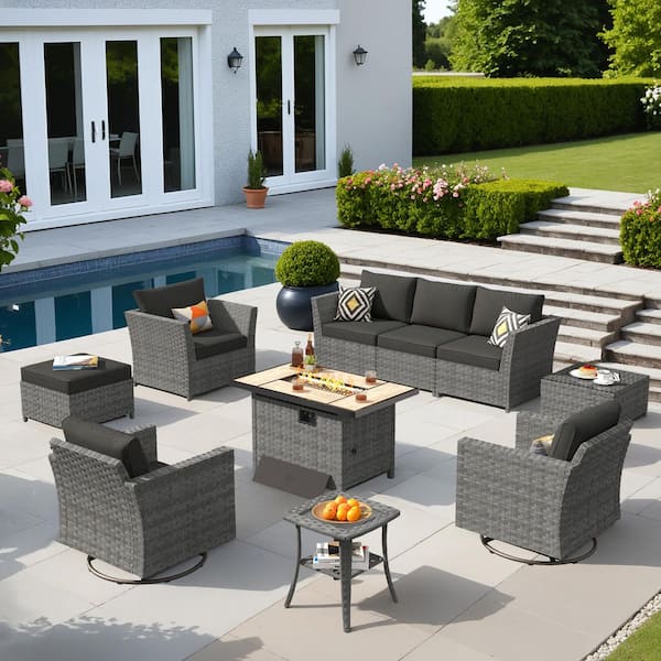 OVIOS Bexley Gray 10-Piece Wicker Rectangle Fire Pit Patio Conversation Set with Black Cushions and Swivel Chairs