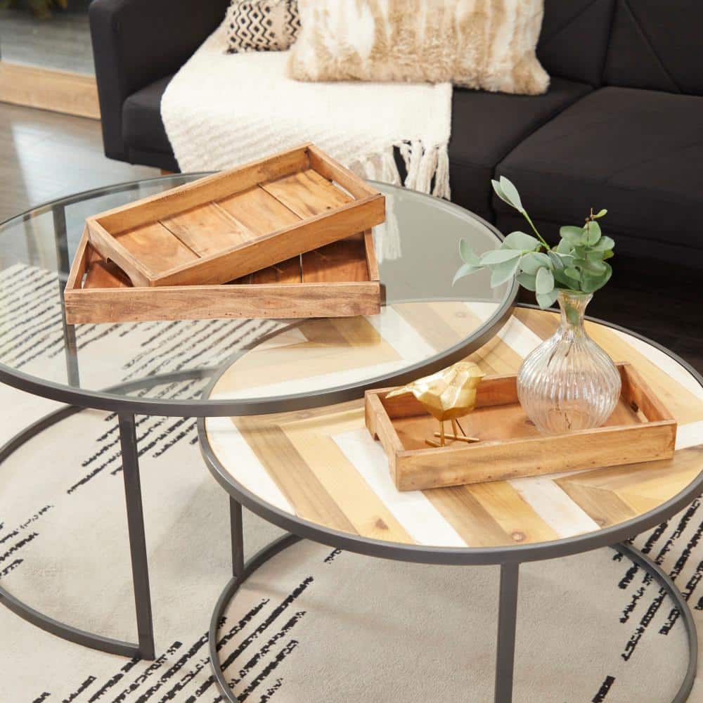 Cottage Charm Mahogany Wood Rectangular Tray Set, 3 Pieces