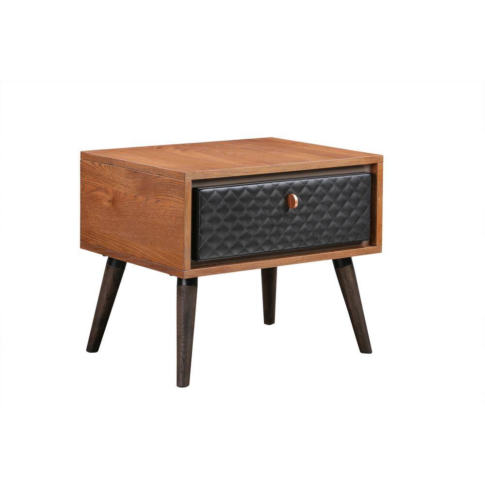 Rustic Oak & Black Leather Tufted 1-Drawer Nightstand