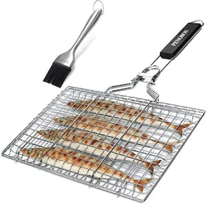 19.69 in. Stainless Steel Folding Grill Basket with Removable Handle, Basting Brush and Storage Bag