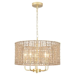 Nevarez 18.9 in. 5-Light Gold Bohemian Pendant Natural Rattan Dimmable Chandelier with Hand Woven Drum Shade