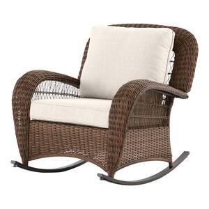 Beacon Park Brown Wicker Outdoor Patio Rocking Chair with CushionGuard Almond Tan Cushions