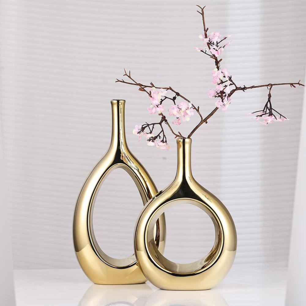 Glossy Gold Ceramic Ellipse Hollow Table Vase Set
