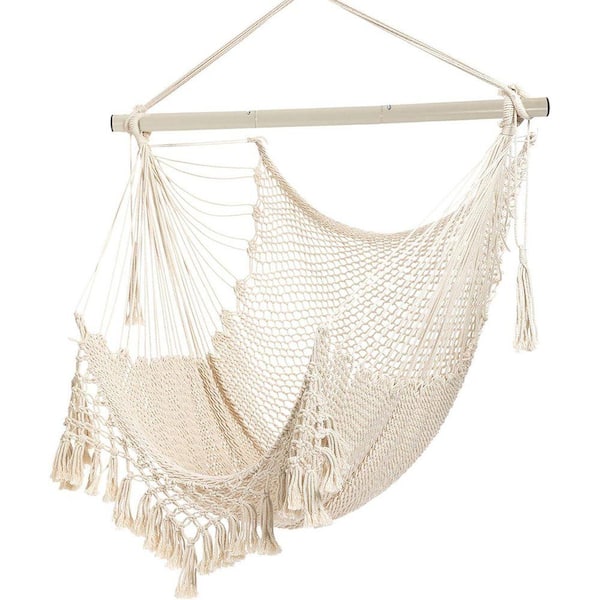 Hammock Chair, Hanging Chair Soft Cotton Rope Swing Chair with High Load-Bearing Metal Rod, Indoor Outdoor Beige