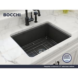 Sotto Matte Dark Gray Fireclay 24 in. Single Bowl Undermount/Drop-In Kitchen Sink w/Protective Bottom Grid and Strainer