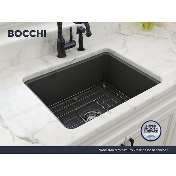 Sotto Matte Dark Gray Fireclay 24 in. Single Bowl Undermount/Drop-In Kitchen Sink w/Protective Bottom Grid and Strainer