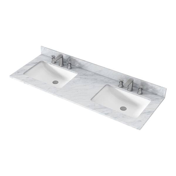 MEDUNJESS 61 in. W x 22 in. D Natural Marble White Rectangular Double Sink Bathroom Vanity Top in Carrara White