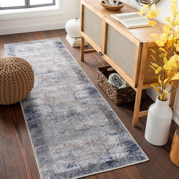 Lowrey Navy/Grey 3 ft. x 8 ft. Traditional Indoor Machine-Washable Runner Rug