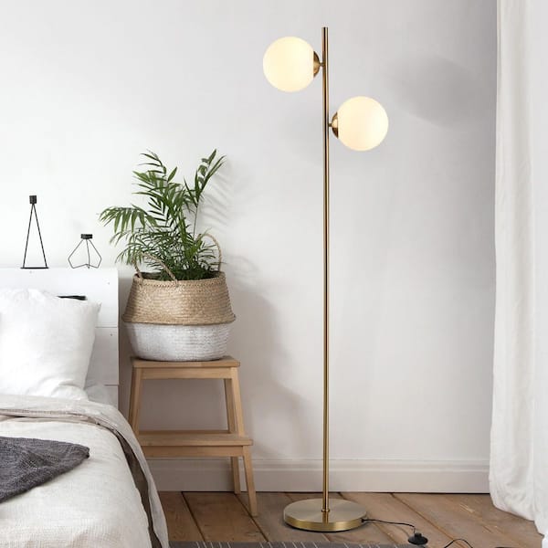Asom 65 in. Gold 2-Light Standard Floor Lamp with Globe Glass Shades